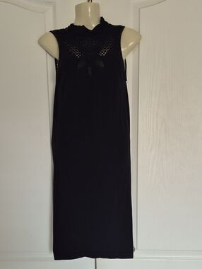 bebe Black Mock Neck Body Con Sleeveless Midi Dress with Eyelet Yoke